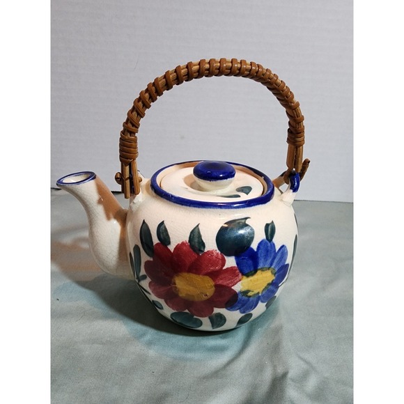 Handmade Other - Vintage Epi-Curio Floral Stoneware Teapot Wicker Handle